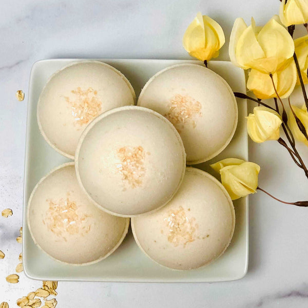 Oatmeal Milk & Honey Foaming Bath Bombs from Sweet Surrender  8, oatmeal bath, oatmeal bath bomb, goat milk bath bomb, goat milk bath bomb for eczema, goat milk bath bomb for psoriasis, foaming oatmeal bath, bubbling oatmeal bath bomb, bath bomb for dry skin, bath bomb for itching, bath bomb soak