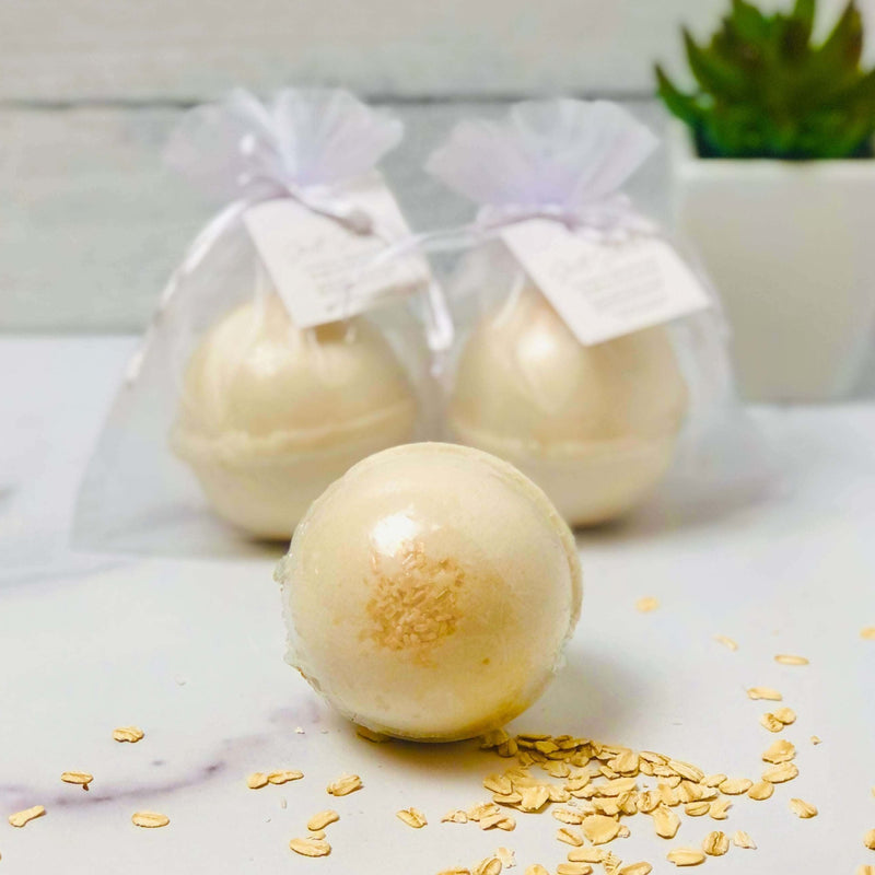 Oatmeal Milk & Honey Foaming Bath Bombs from Sweet Surrender  8, wholesale bath bombs, wholesale oatmeal bath bombs, bath bombs for dry skin, oatmeal bath bomb for psoriasis, goat milk bath bomb for eczema, goat milk bath soak, goat milk bath for dry skin