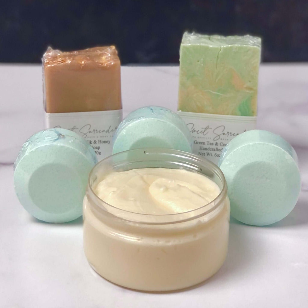 Soft & Fresh Spa Bundle from Sweet Surrender  70, spa gifts for him and her, unisex spa gift set, shower steamer gift set, shower melts gift set, luxury bath and body gift set for him and her, unisex bath and body care gift set