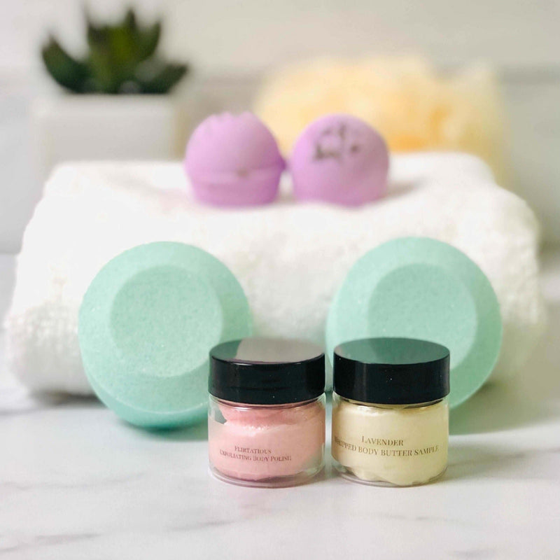 Self-Care Sampler Gift Set from Sweet Surrender  20, bath and body care, soap samples, shower steamer samples, body butter samples, body polish samples, try before you buy, save on skincare, body scrubs samples.